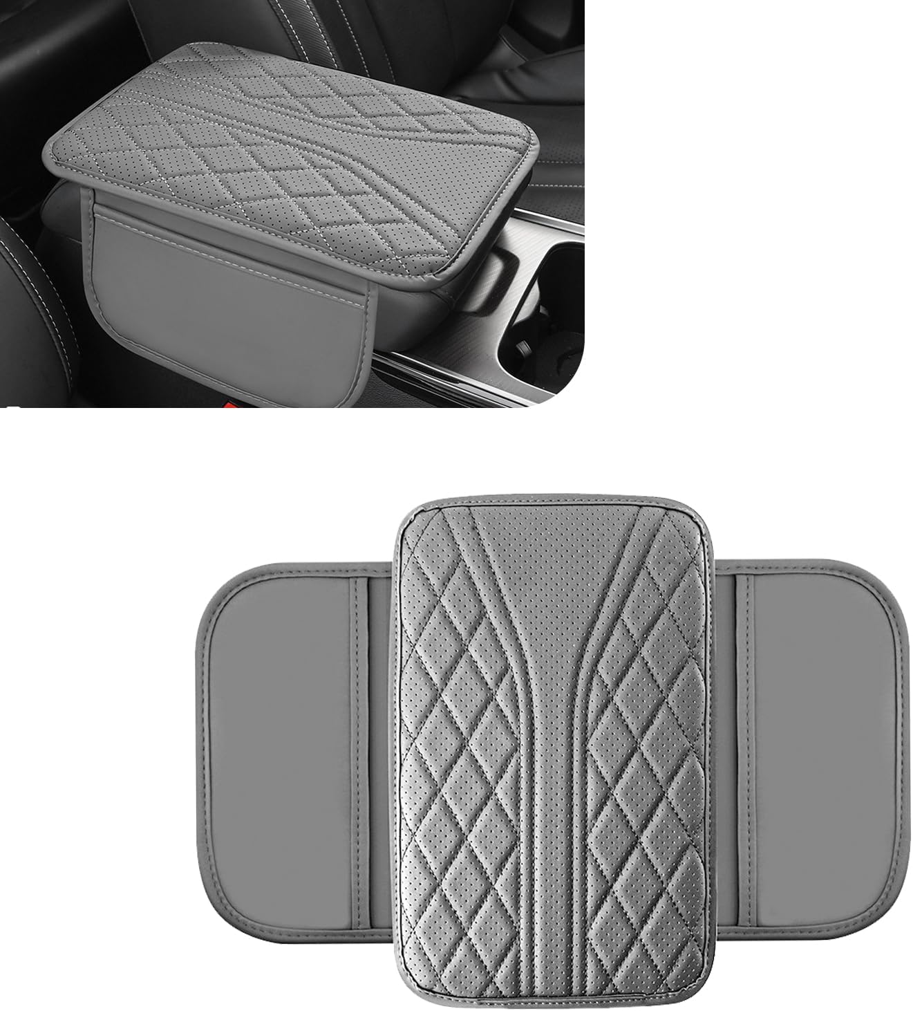  Car Center Console Cover, Leather Arm Rest Cover with 2 Storage Bag, Console Cover for Car Storage Box Protector, Universal for Sedan SUV Truck (Gray)