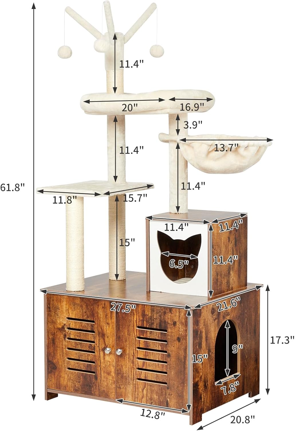 Cat Tree with Litter Box Furniture Hidden Enclosure, 2-in-1 Modern Tower, Cat Condo with Scratching Posts