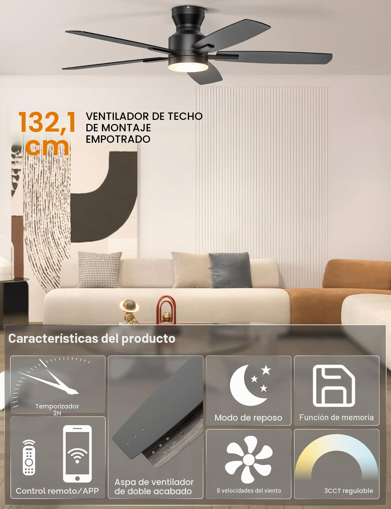 Ohniyou 132 cm Ventilador de Techo con Luz Silencioso, Control Remoto/APP, Luz Regulable, Ventiladores de Techo Moderno Reversible para Dormitorio Sala de Estar Terraza Interior Exterior, Negro