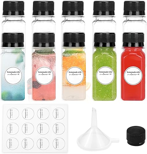 Paquete de 10 botellas pequeñas de plástico para jugo de 2 onzas con tapas, 10 unidades, etiquetas, embudo y cepillo, mini botellas reutilizables de