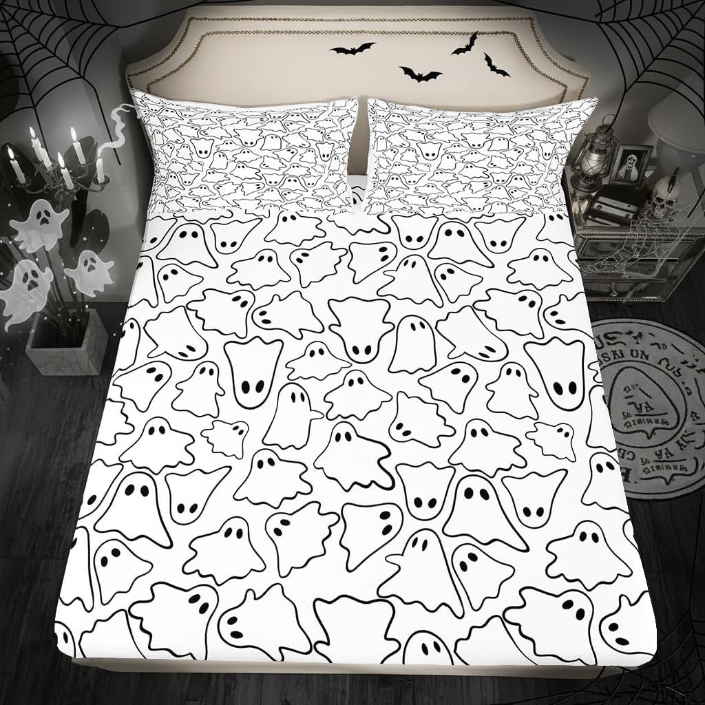 Cute Ghost Kids Bedding Set Queen Size,Cartoon Halloween Fitted Sheet 3Pcs Black White Hand Drawn Ghost Bed Sheet Teens Girls Boys Bedroom Decor,Western Festival Deep Pocket Sheet,2 Pillowcases
