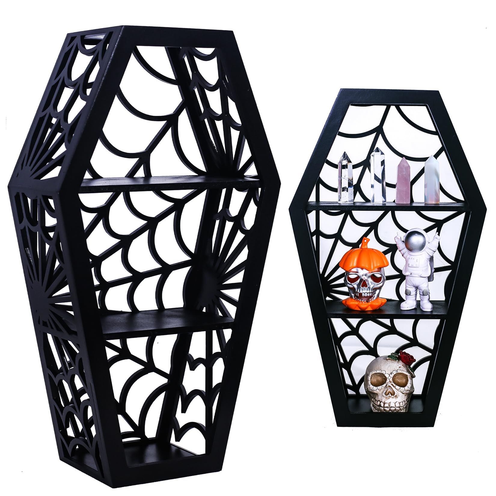 CEFLITECO Spider Web Coffin Shelf - Vintage Haloowen Decor for Bathroom and Kitchen - Gothic Furniture for Countertop Stand - Goth Accessories Spooky Wall Decor - Witchy Gifts for Women