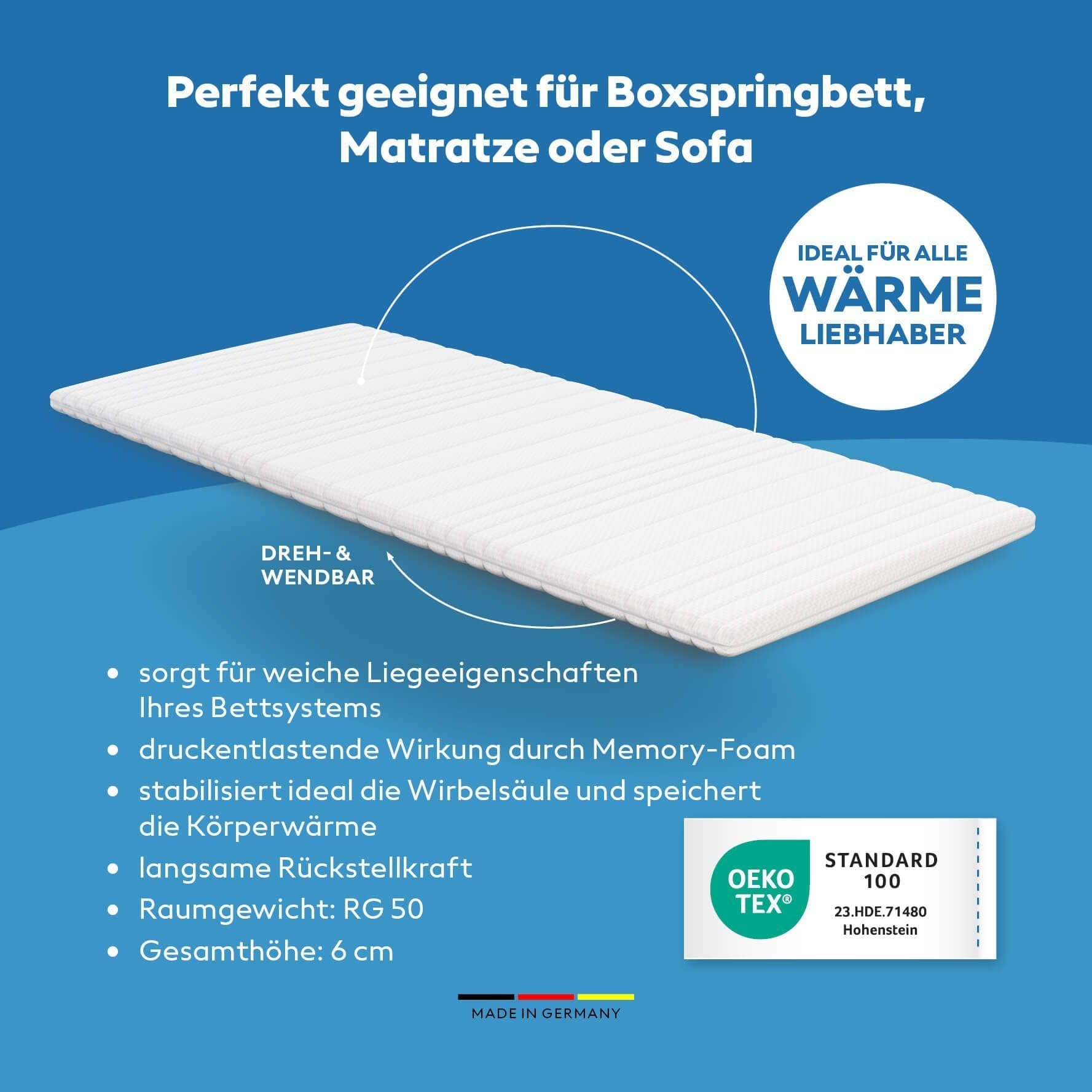 Visco Topper 100 x 200 cm – Suave y cálido – Memory Foam RG 50 – Öko-Tex® Standard 100 – Funda lavable a 60 °C – Cubrecolchón para canapé, sofá y cama – Fabricado en Alemania