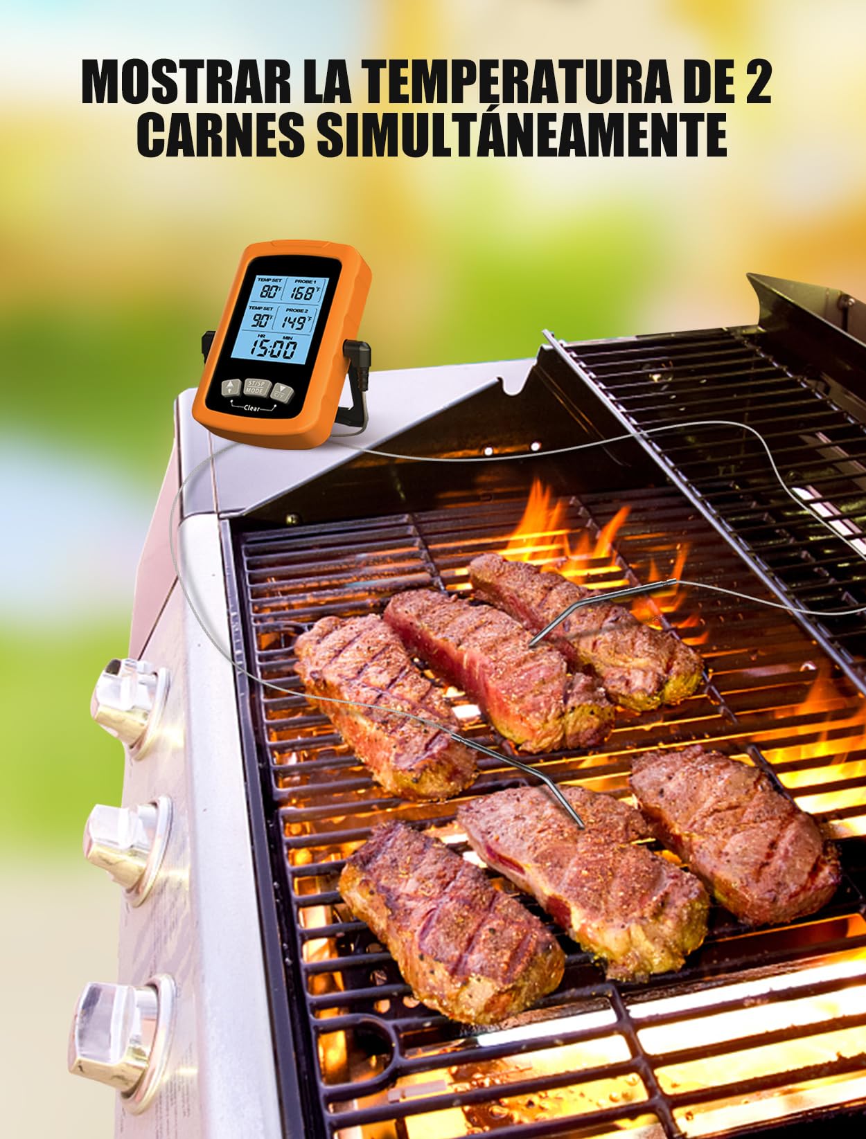 CIRYCASE Termometro Cocina, Termometro Carne Digital de Lectura Rápida & Precisa con Sondas Duales 16.3cm, Retroiluminada & Alarma Temporizador, Termometro Horno Apagado Auto para Parrilla/Horno/BBQ