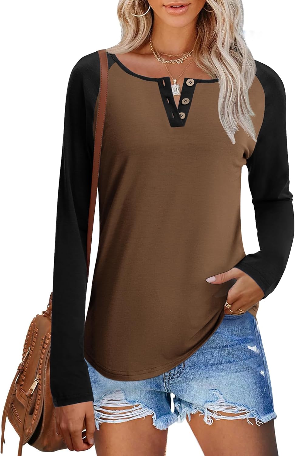 IECCP Long Sleeve Shirts for Women Casual Henley Tops Loose Fit Tshirt Dressy Color Block V Neck Button Womens Tunic Blouse - Image 2