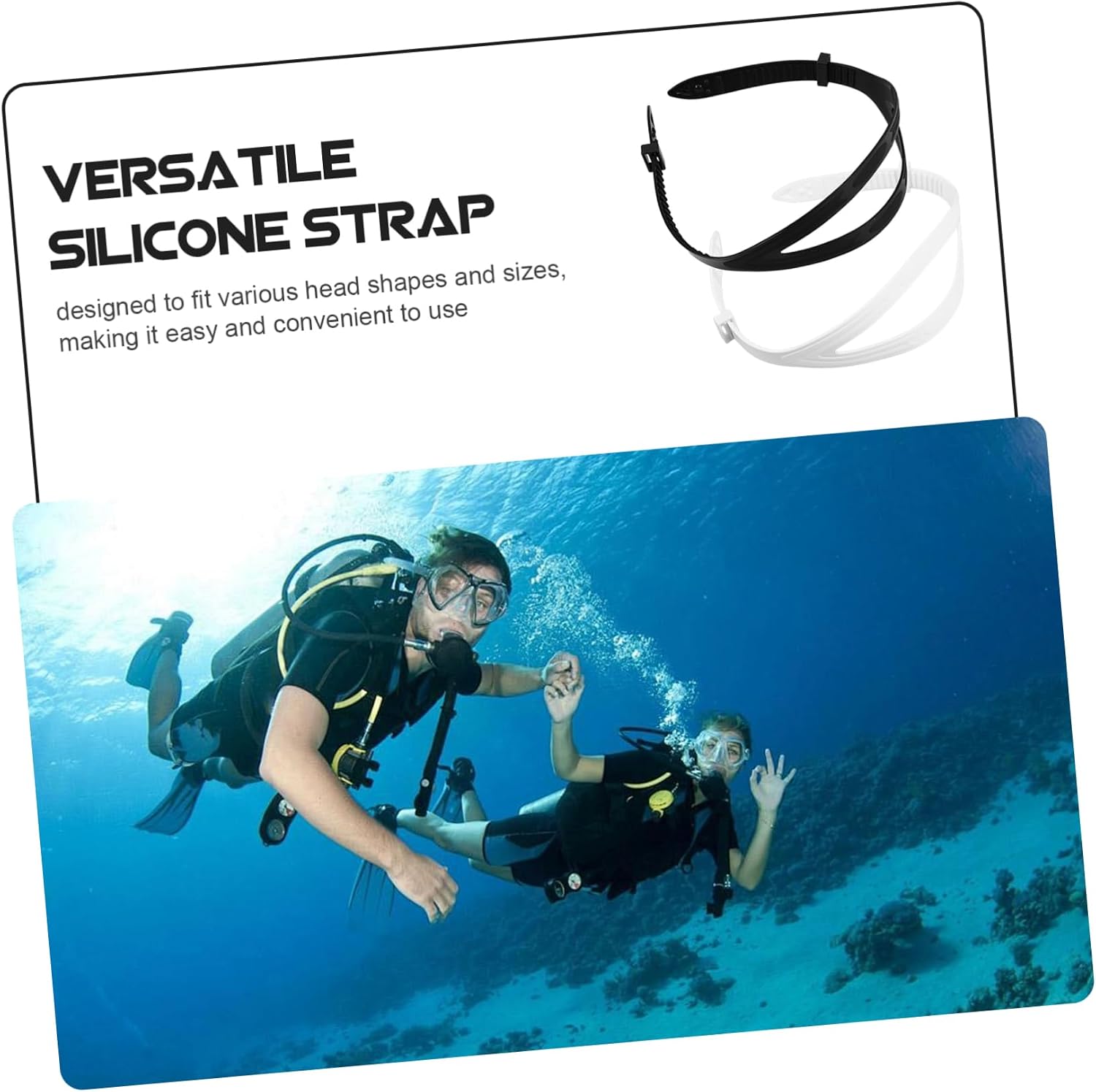 VICASKY 2pcs Silicone Diving Mask Strap with Split Design for Secure Fit Safety Eyewear Retainer for Scuba Swimming and Sports Black and White
