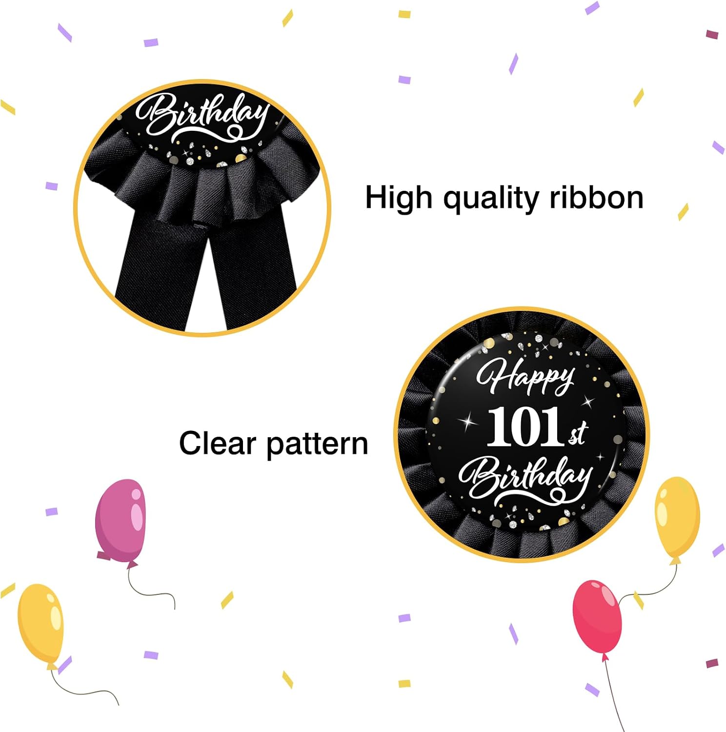 WOWOPA Happy 101st Birthday Badge Pin, Cheers to 101 Years Old Birthday Black Corsage Rosette Button Pin Party Decorations Supplies - 1Pcs