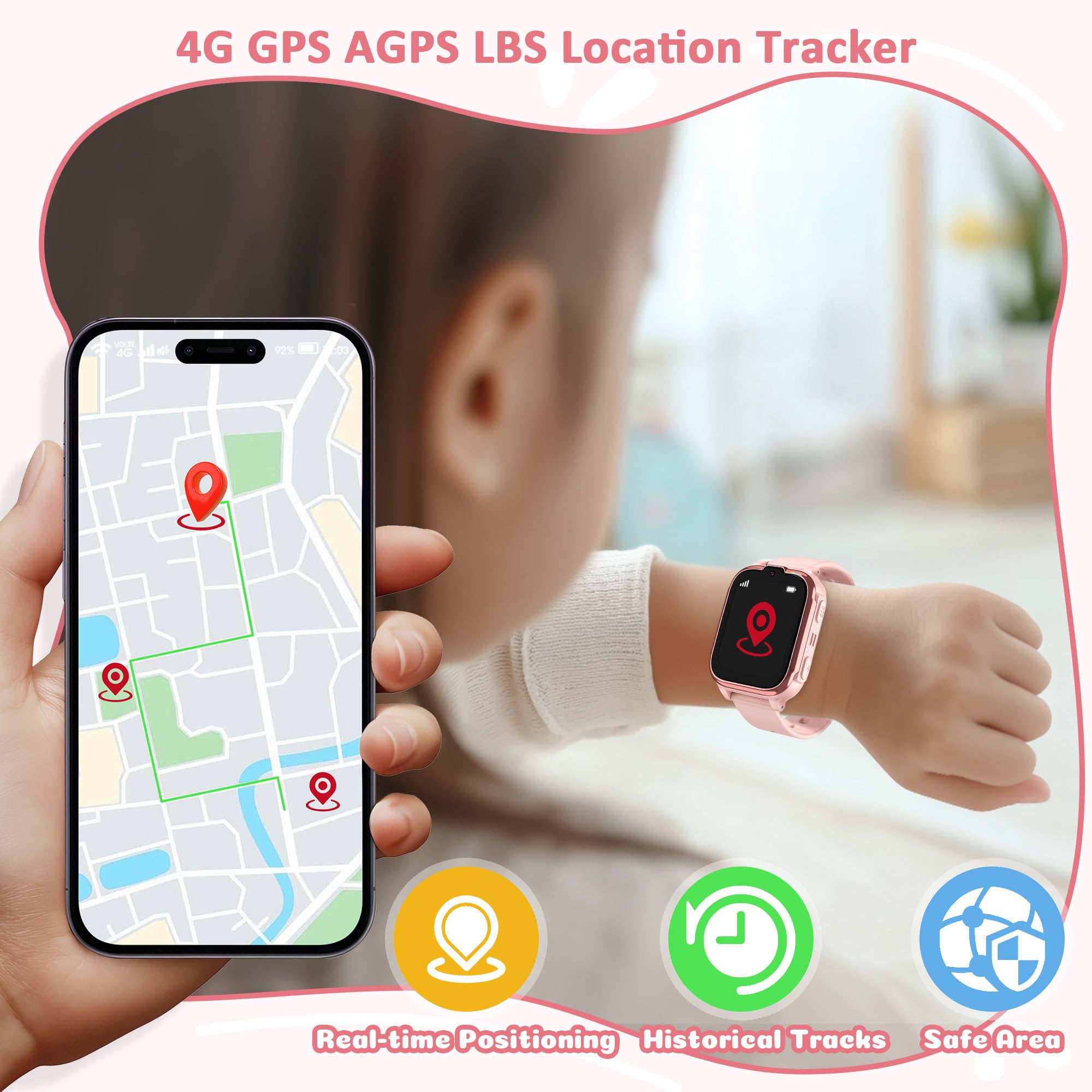 Montre Connectée Enfant 4G/GPS/WiFi/Appel Vidéo/IP68 | Montre GPS Enfant Fille Garçon avec Téléphone Chat Familial SOS, Jeux Réveil, Mode Classe, Montre Intelligente Enfants Cadeau