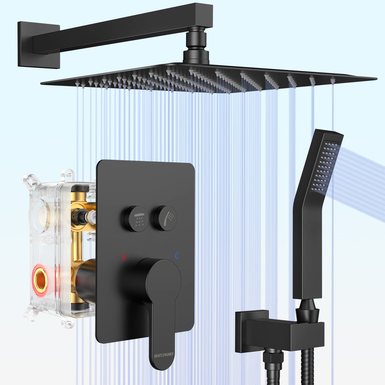 BostingnerMatte Black Shower System, Shower Faucet Set with 3 Way Pressure Balance Valve and Trim Kit All Metal 10 Inch Rainfall Shower Head System Wall Mounted Can Use All Faucets At Same Time