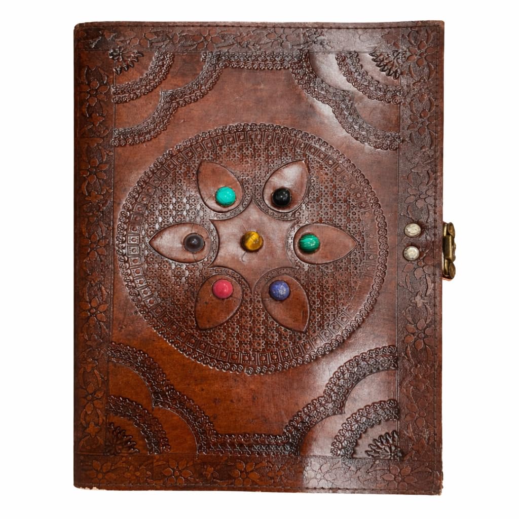 Carnet de croquis en cuir fait à la main avec 7 pierres précieuses chakra, grand carnet de dessin marron en relief, motif floral vintage, fermeture à fermoir en laiton, 200 pages vierges