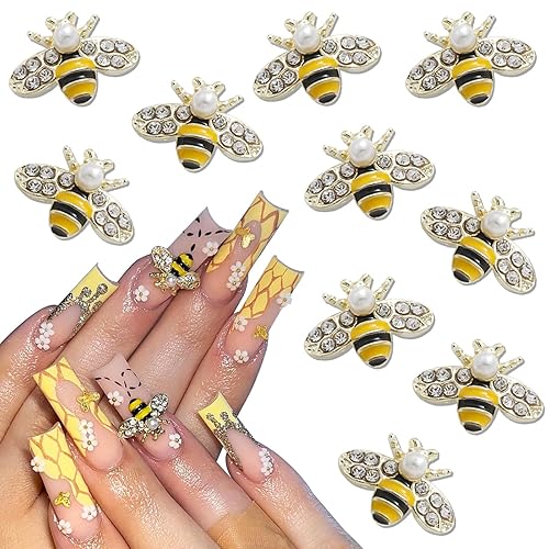 RODAKY 10 dijes de arte de uñas de abeja dorada 3D de aleación de oro de abejas para uñas, diseño de bricolaje, lindo kawaii para uñas de cristal de