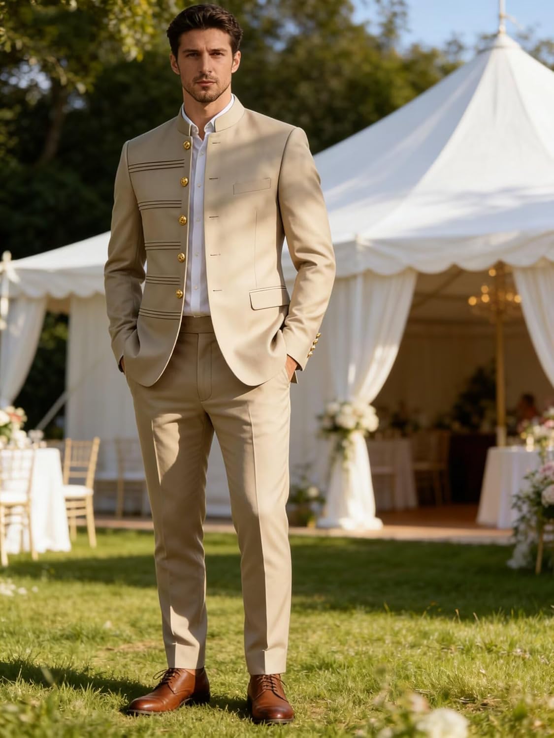 Men's Chinese Tunic Suits Classic Fit 2 Piece Safri Suits for Men Solid Mandarin Collar Gold Button Jacket Pants - Image 9