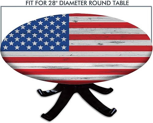 Miniatura 3 de Mantel redondo ajustable con bandera estadounidense, bandera del 4 de julio sobre fondo de grano de madera, borde elástico, para