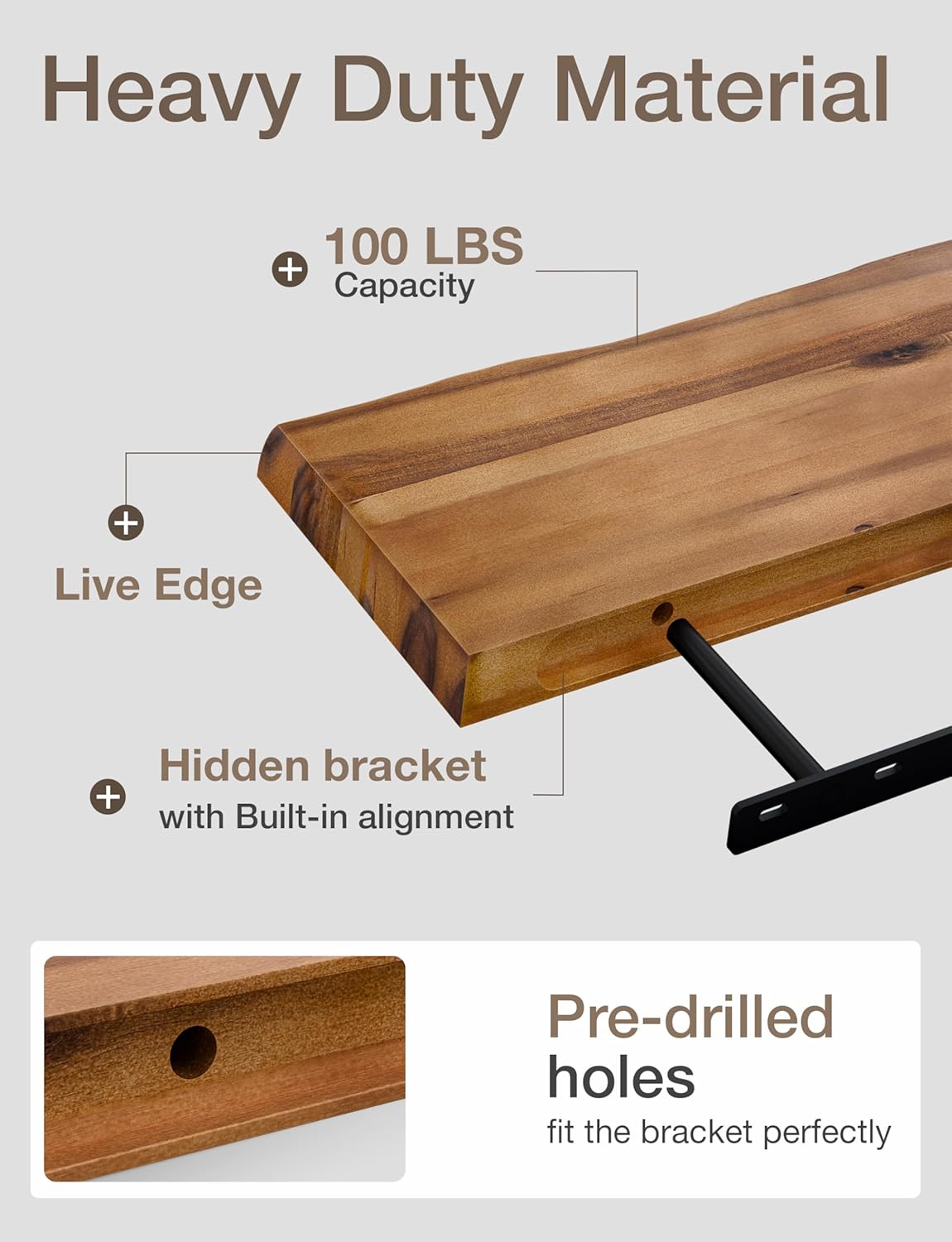 BATODA 17” Acacia Live Edge Floating Shelves, Wooden Floating Shelves for Wall - Set of 2 Floating Book Shelves, Book Shelf for Wall, Bathroom, Kitchen - Mounted Shelf, House Decor with Hardware