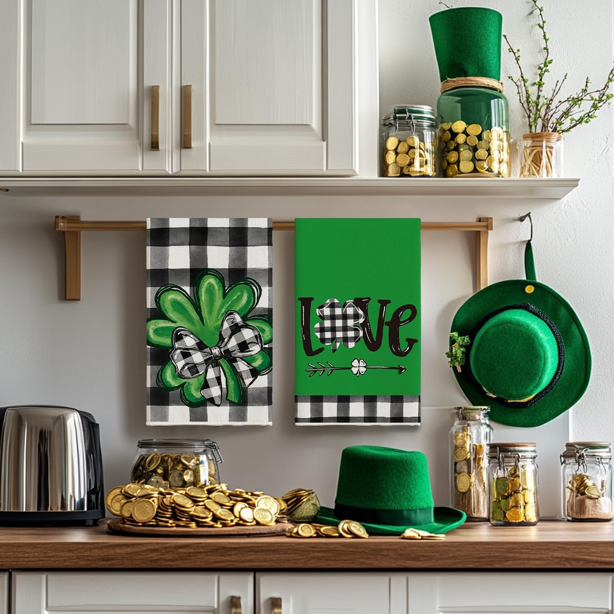 Artoid Mode Buffalo Plaid Shamrocks Love St. Patrick's Day Kitchen Towels Dish Towels, 18x26 Inch Seasonal Spring Decoration Hand Towels Set of 2