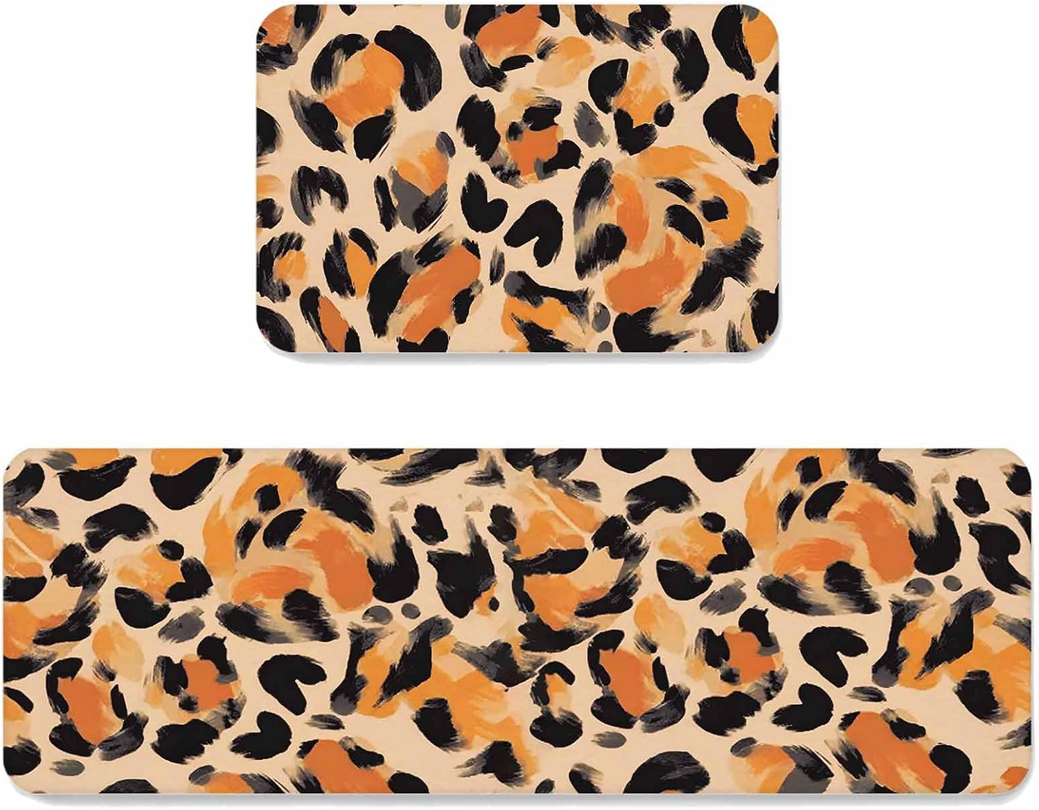 Prime Leader Leopard Print Kitchen Mat Set 2 Pieces Orange Black Spots Retro Animal Texture Non Slip Kitchen Rugs Washable Runner Rug Mats for Floor Sink Laundry Office 19.7" x 31.5"+19.7" x 47.2"