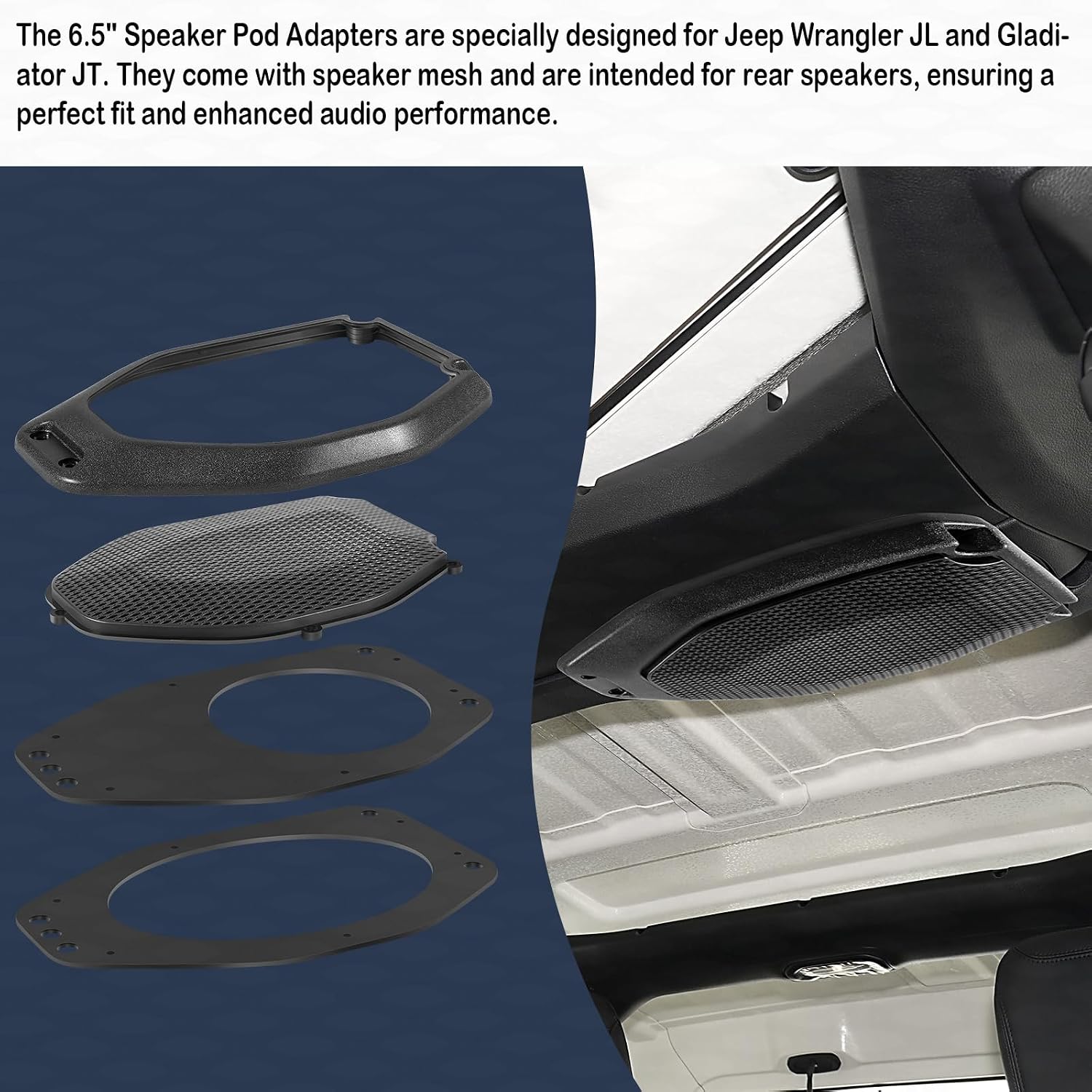 6.5" Speaker Pod Adapters + Mesh Grilles for Jeep Wrangler JL & Gladiator JT (2018-2024) – Direct Fit Rear Speaker Mounting Brackets & Dust Covers (Set of 2)