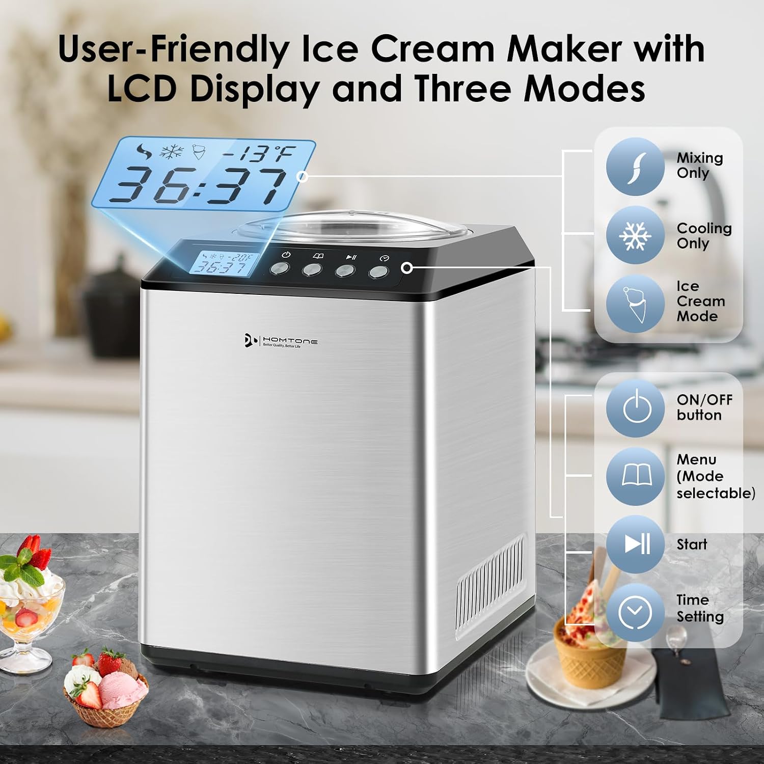 Homtone ICE2580 Ice Cream Maker highlighting its multifunctionality and protective features