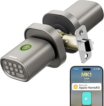 ThorBolt HomeKit Lockover Smart Fingerprint Lock with Keypad Door Knob for HomeKit Hub Indoor Door, Bedroom, Office, MK1 Titanium