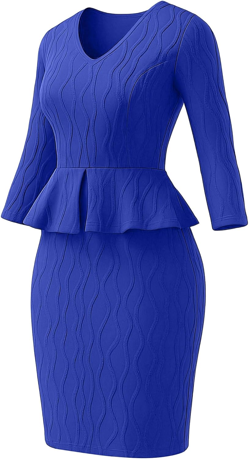 Runwind Peplum Dress for Women V Neck 3/4 Sleeve Wear to Work Church Dresses Elegant Knit Pencil Dresses Royal Blue 2XL - Image 5