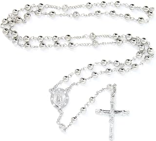 SM Stainless Steel Gold Silver Rosary 3mm-8mm CCB Beads Cross Y Necklace 20”-30” Chain for Women Men (6mm 20" (4) - Silver)