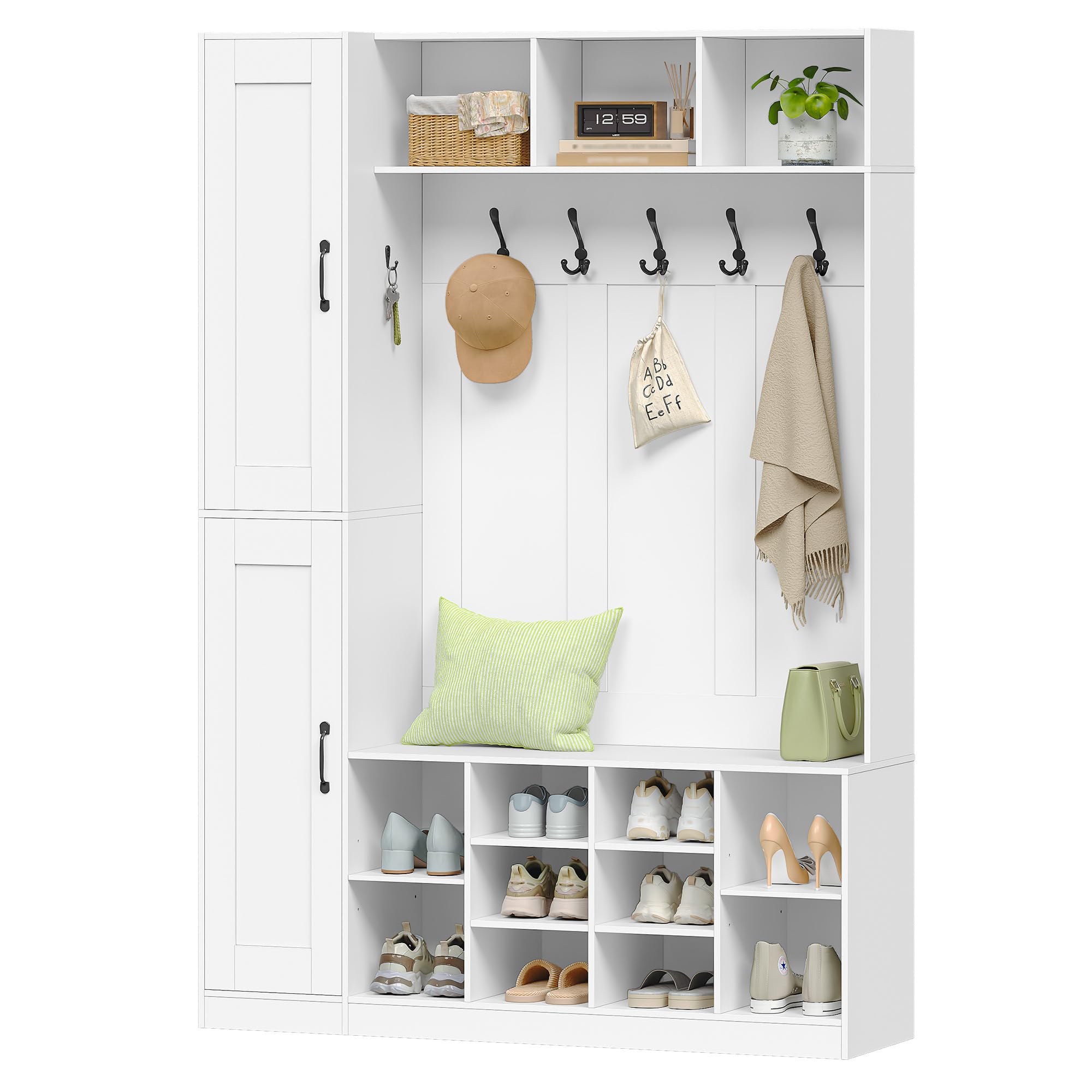 Hzuaneri Garderobenständer mit Sitzbank, Garderobe mit Seitlichem Stauschrank, 20 Fächer, Verstellbarer Regalboden, 6 Haken, Freistehender Kleiderständer für Flur, 36 x 130 x 186 cm, Weiß 7230103X