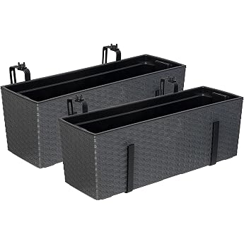 XL Balcony Box Set of 2 Rattan Design Anthracite with Water Reservoir