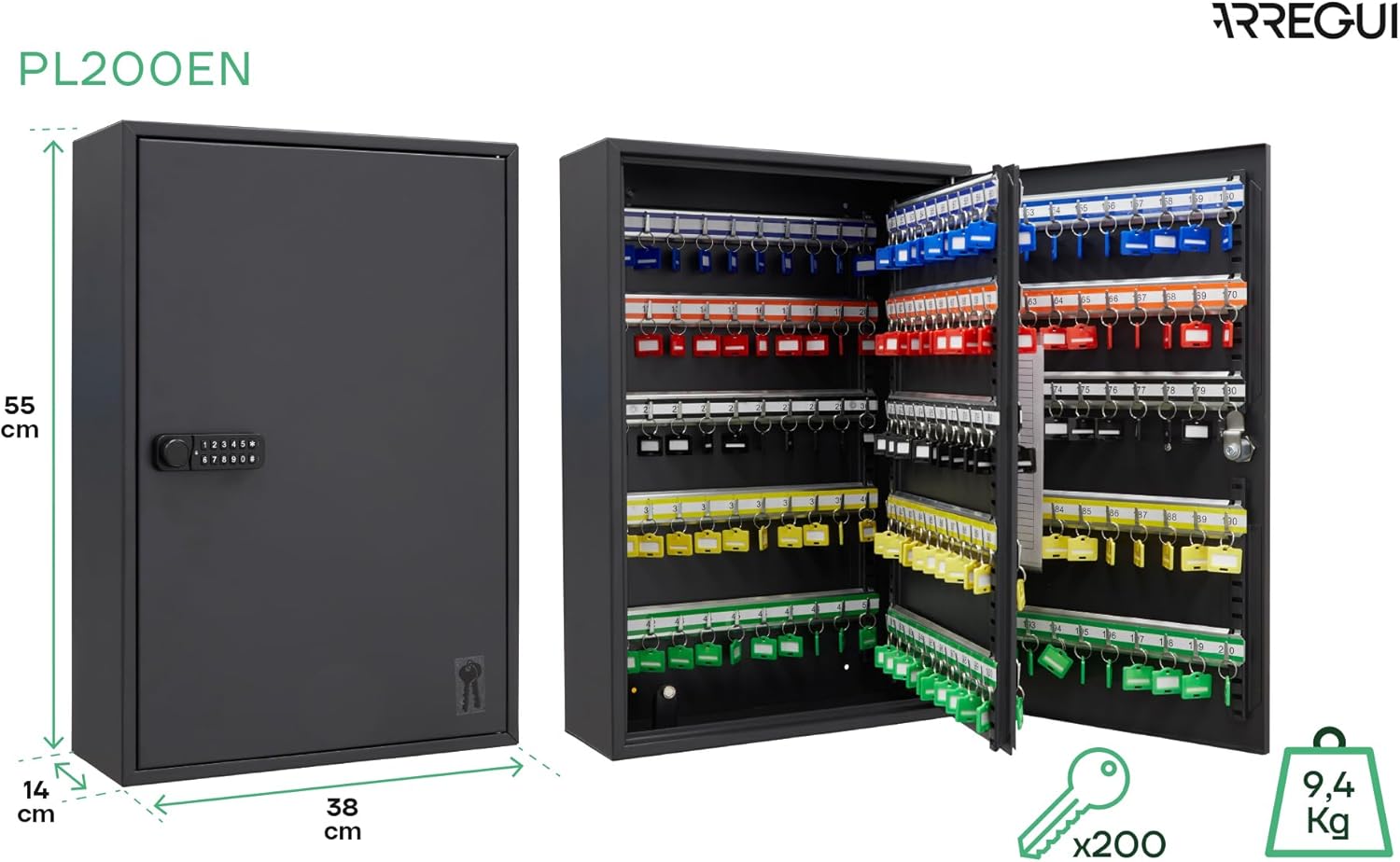 ARREGUI PL200EN key cabinet with dimensions labeled: 55 cm height, 38 cm width, 14 cm depth. Also shows key icon and 9.4 kg weight.