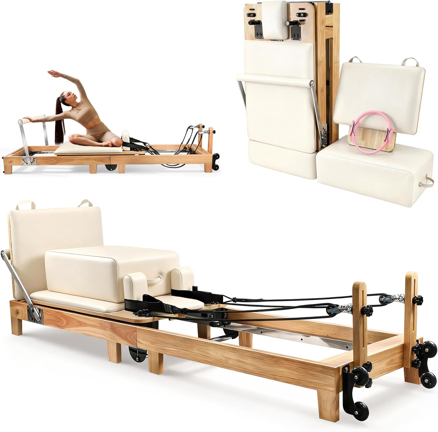 94.5"Pilates Reformer, Wooden Foldable Reformer Pilates Machine with Springs, Quick-Assembly Studio Grade Pilates Reformer Machine, Pilates equipment with Sitting Box, Jump Board for Home Use & Studio