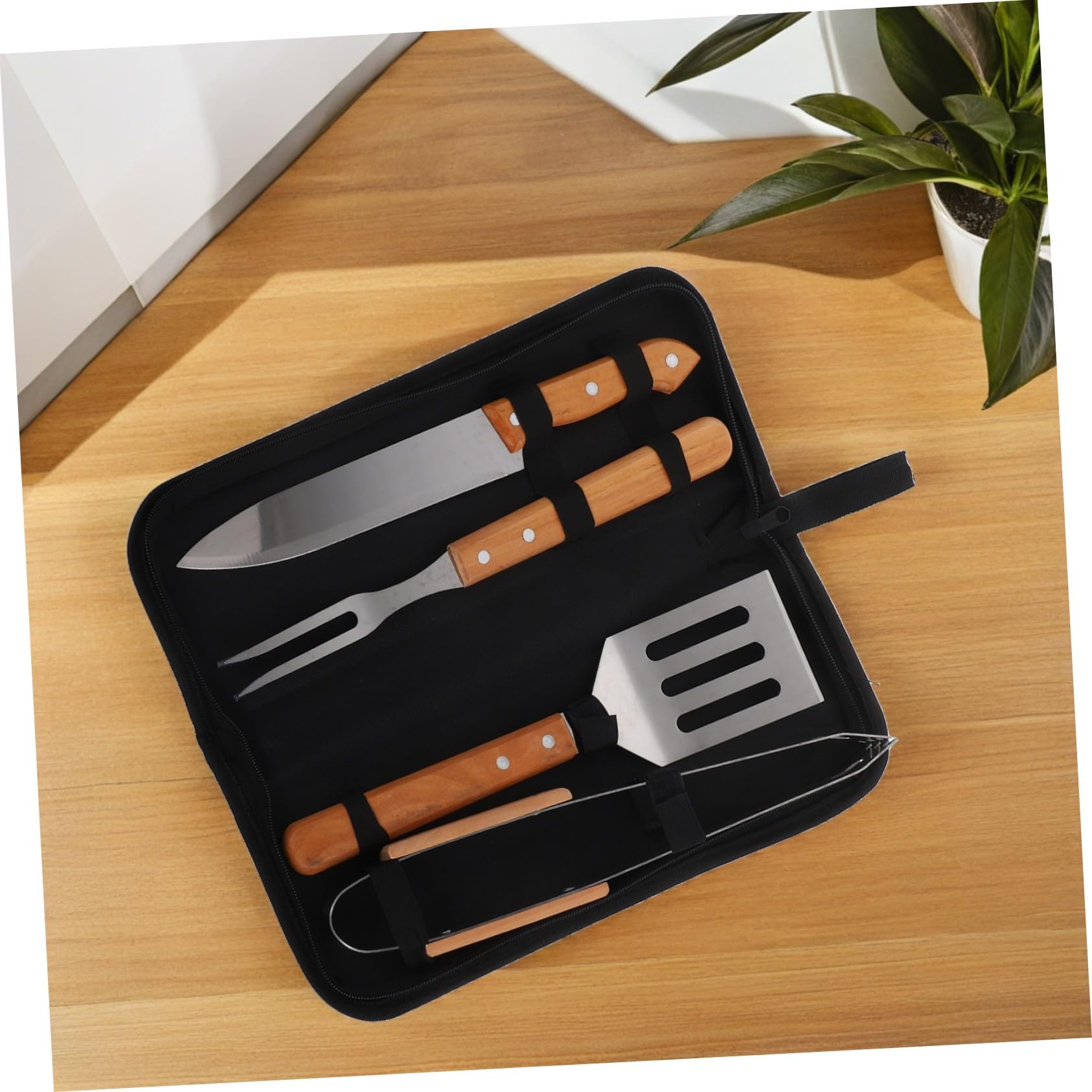 STOBAZA Grillbesteck mit Holzgriff Outdoor Barbecue Werkzeug mit Spatel Zange Fleischschneider Tragbares Grillzubehör mit Praktischem Tragebeutel für Camping und Garten