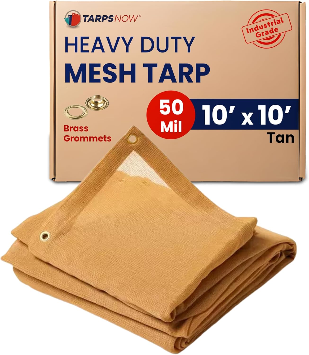 Tarps Now 10' x 10' Tan Mesh Tarp Heavy Duty - 6.8 oz Knitted HDPE - 75% Shade Cloth for Garden, Backyard, Patios - Brass Grommets - UV Resistant Breathable Privacy Screen, Sun Shades Outdoor Patio