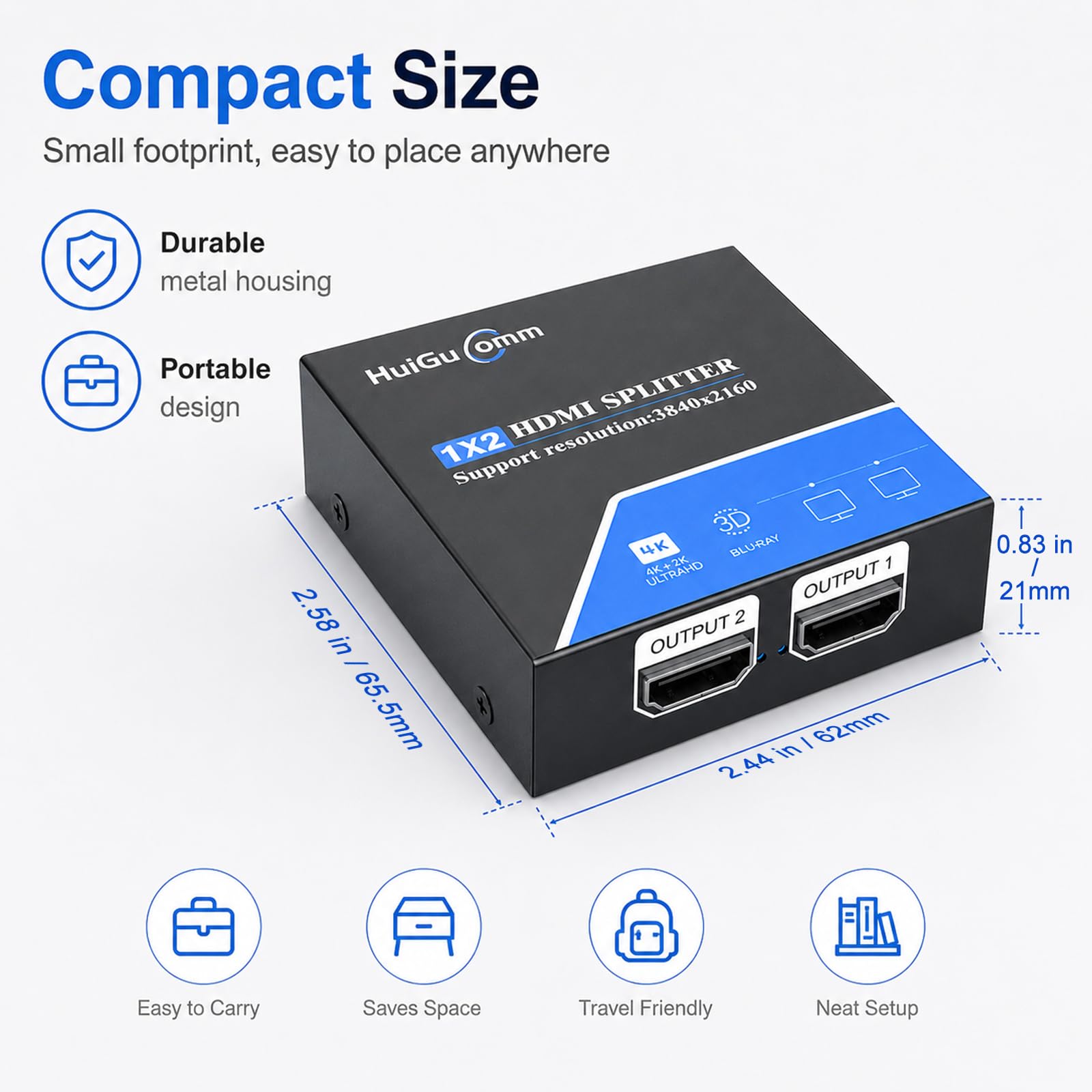 Répartiteur HDMI 1 en 2 sortie, 4K 30Hz 1080P 60Hz 1X2 Powered HDMI Splitter pour Double Moniteurs, Miroir Affichage Uniquement pour Ordinateur Portable PC TV Projecteur HDTV
