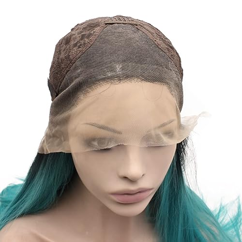 Miniatura 5 de Mxangel - Peluca sintética larga atada a mano, color azul ombré, con encaje frontal, resistente al calor, fibra de pelo