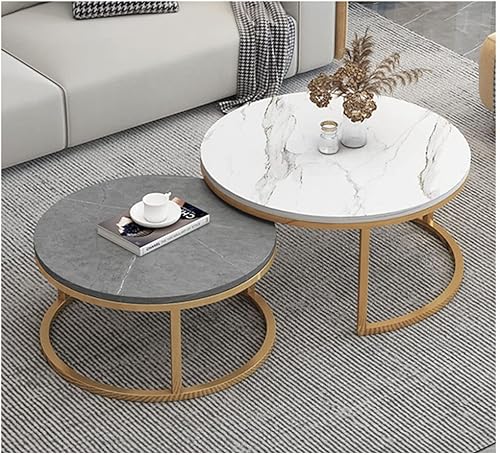 Miniatura 6 de Juego de 2 mesas auxiliares redondas modernas de acento contemporáneo para café y aperitivos con marco de metal mesa de té anidada para sala de
