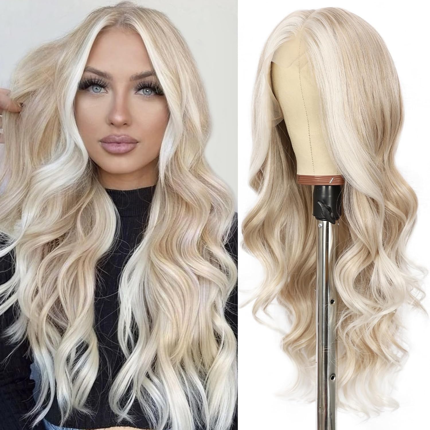 SAPPHIREWIGS 13×4 Body Wave Lace Front Wig for Women Highlight Ash Blonde with White Tips Pre Plucked Hairline Long Wavy Synthetic Wigs for Daily Party Use 26inch