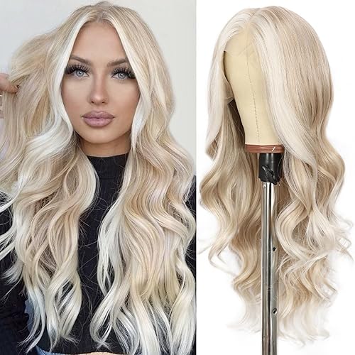 Miniatura 27 de SAPPHIREWIGS Peluca de encaje frontal marrón sintética, pelucas de encaje frontal sintéticas para mujeres, marrón natural con puntas rubio ceniza