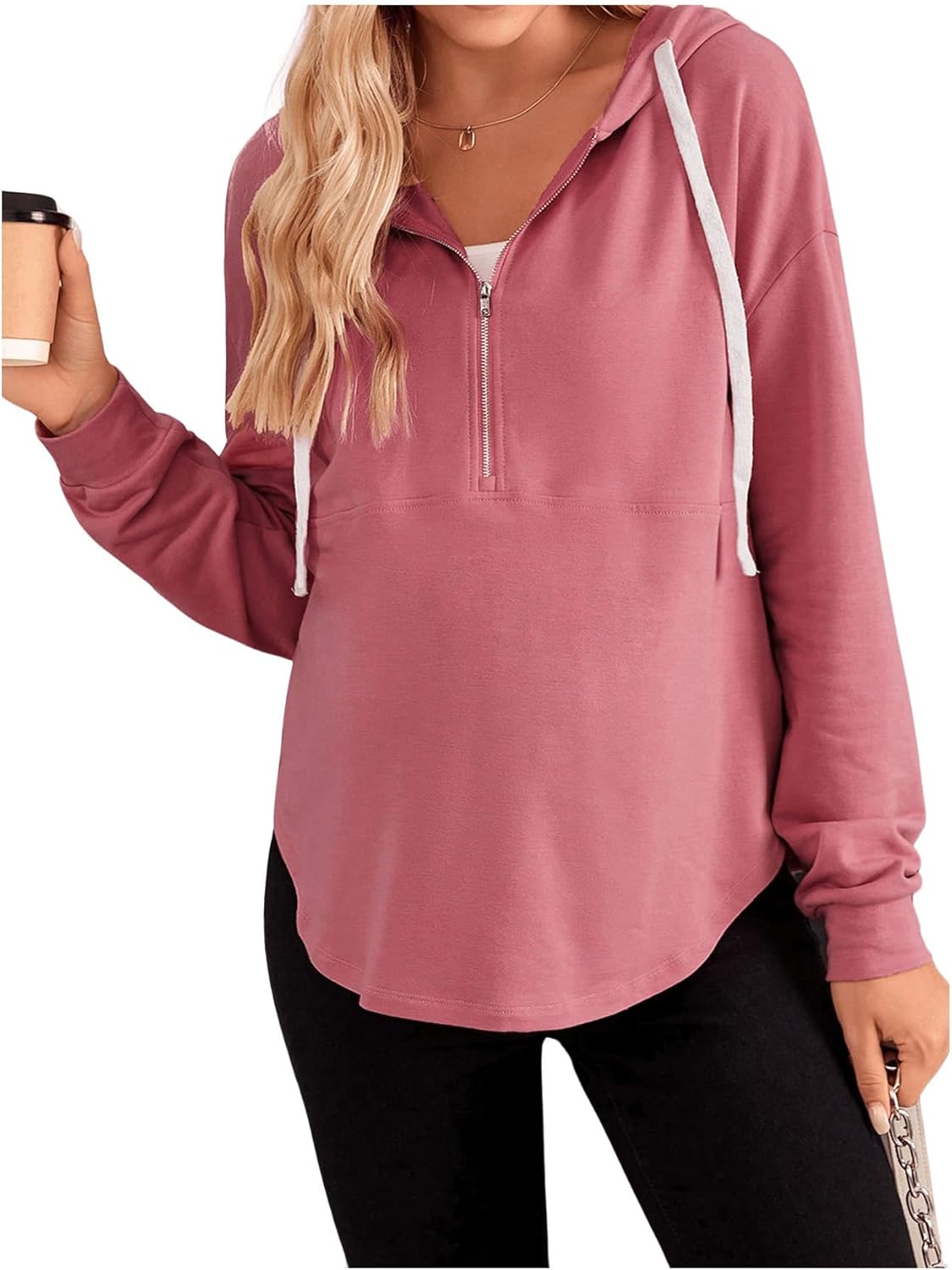 Women's Maternity Half Zip Sweatshirts Long Sleeve Drop Shoulder Drawstring Hoodie