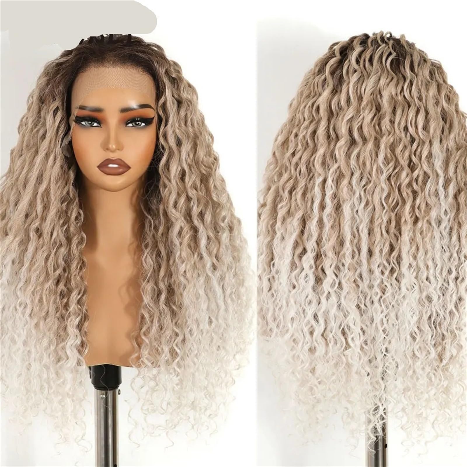 Parrucca Parrucca in pizzo Ombre biondo argento riccio 13x6 da 26 pollici