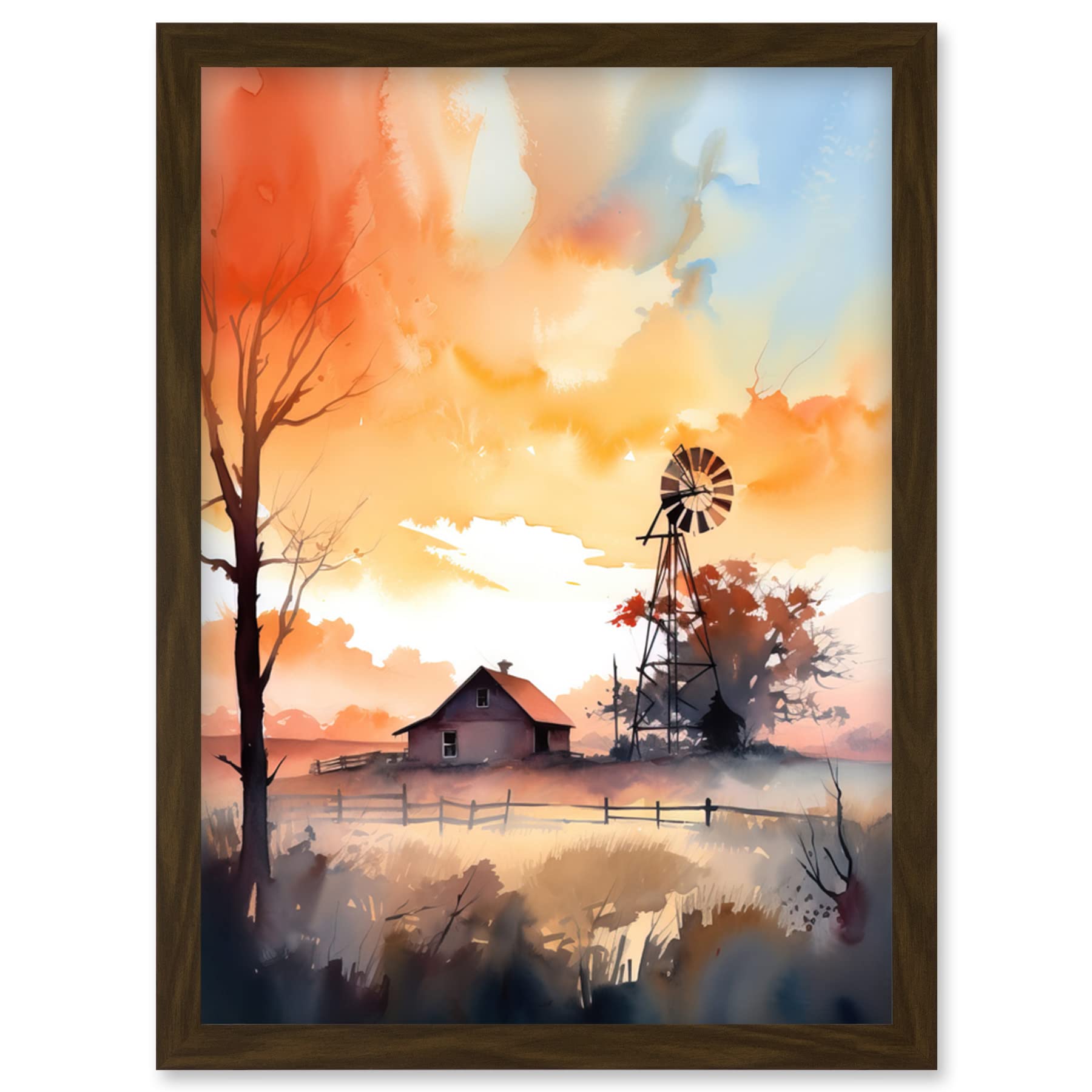 Artery8 Sunrise Clouds over Countryside Farmhouse Cabin with Old Windmill Tower Modern Watercolour Painting Artwork Framed Wall Art Print A4