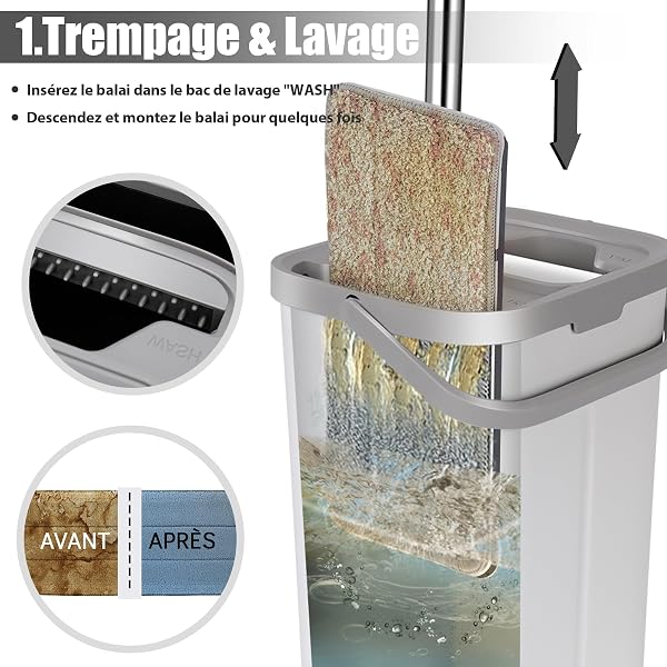 MASTERTOP Serpillière Seau Essoreur, Balai Plat Microfibre Rotative 360° et Seau Essoreur Auto-Lavage, Vadrouille de Mains Libre pour Nettoyage de Sol Lisse avec 5 Tampons Réutilisables (Blanc) - 2