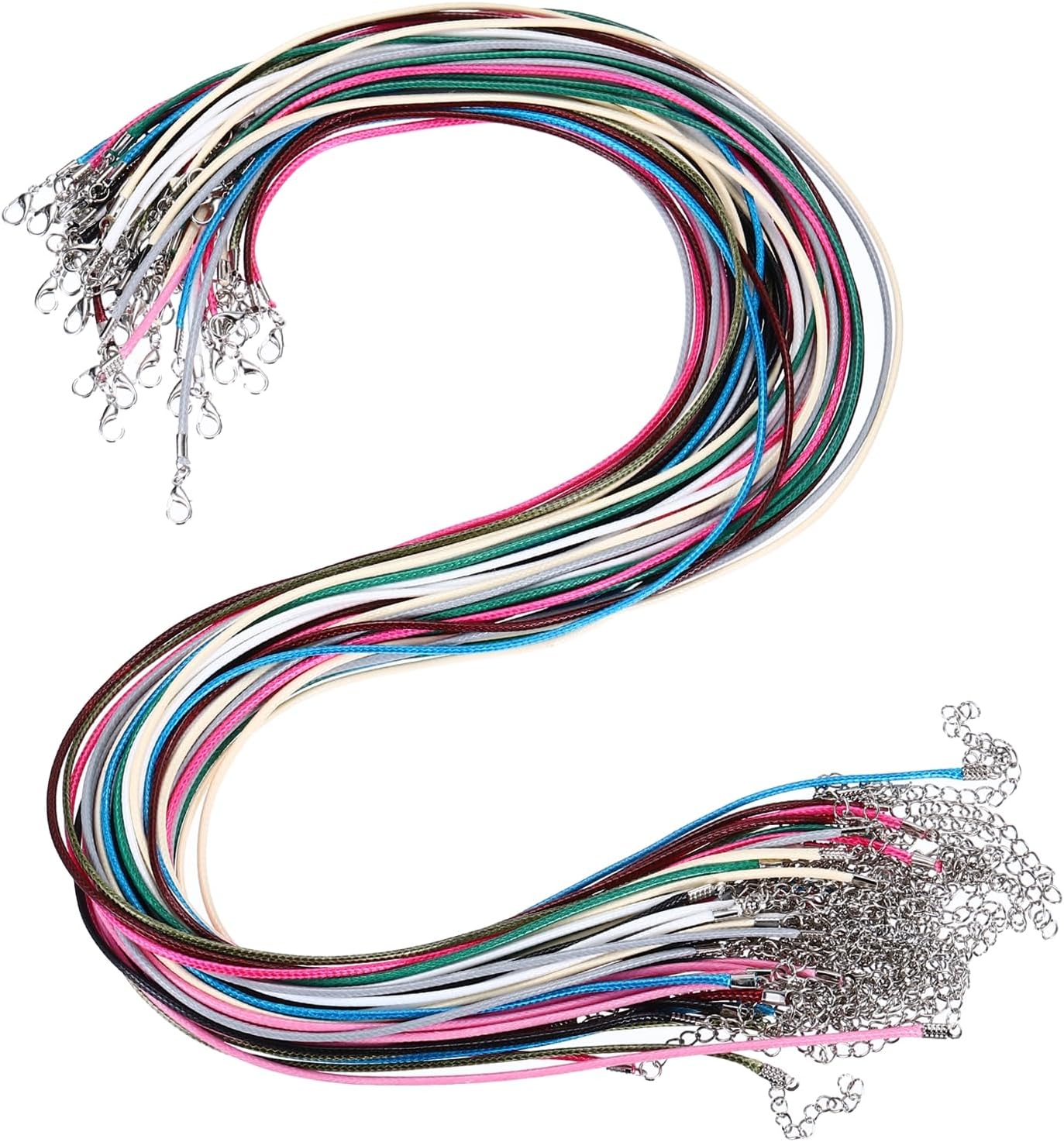 MECCANIXITY 50pcs 24 Inch Waxed Necklace Cord, Bulk Necklace String with Clasp 2mm Waxed Leather Cord Rope for Jewelry Making DIY Bracelet Pendant,Mixed Colors
