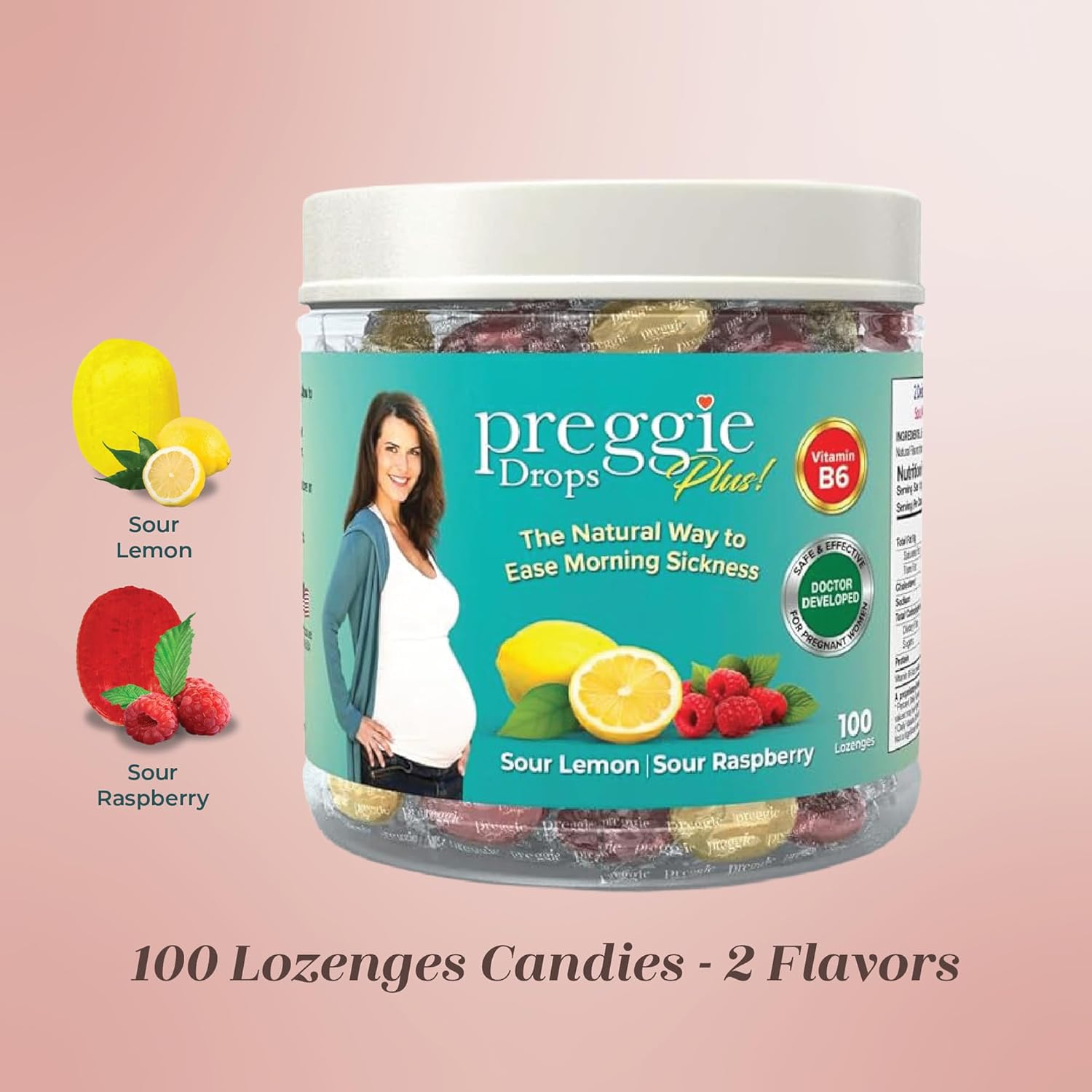 Preggie Pop Drops Plus with Vitamin B6 for Pregnancy Nausea Relief, Morning Sickness Candy with Essential Oils for Pregnant Women – Sour Lemon & Sour Raspberry, 100 Count