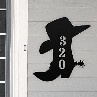 Cowboy Boot Address House Number Sign Rodeo Western Metal Wall Art, Custom Family Name Silhouette Monogram Iron Sign Sculpture Stylish Pet Tablet for Inside Outside Decor.