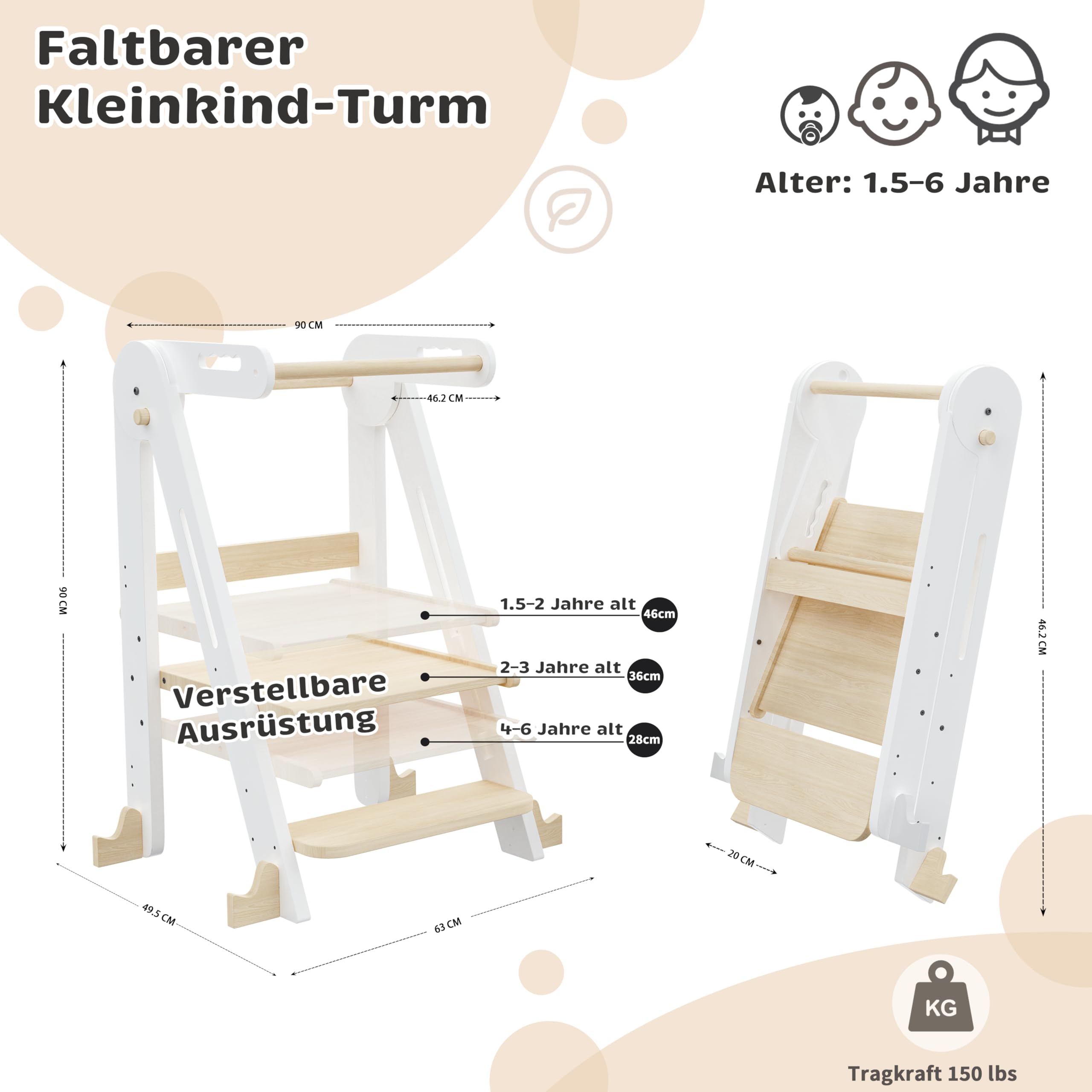 Klappbarer Toddler Tower Tritthocker Höhenverstellbar (Weiß) | Sicherer Kinderhocker ab 1,5 Jahren | Höhenverstellbar & faltbar für Bad & Wohnzimmer. Mit Rutschschutz