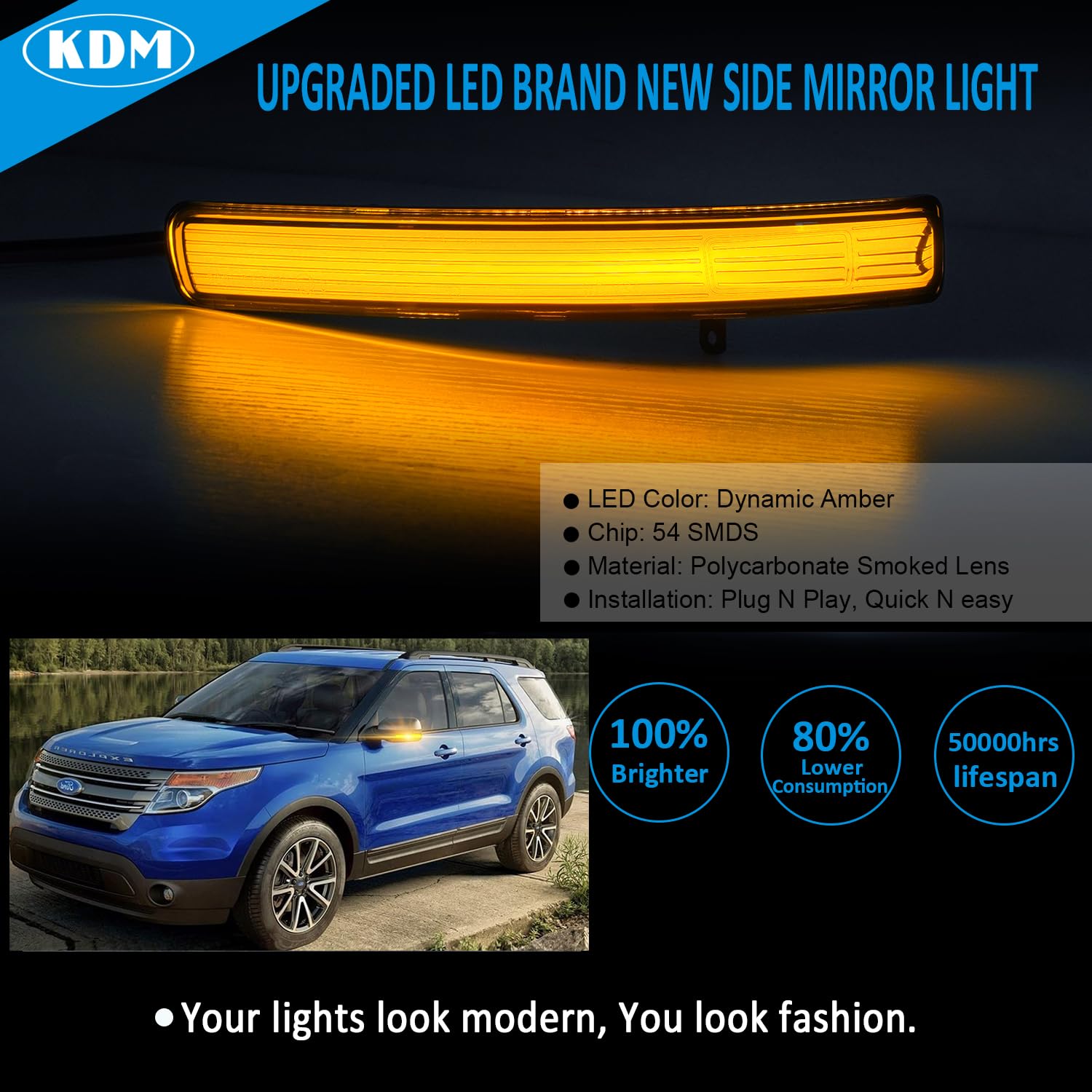 KDM LED Sequential Side Mirror Reflector Light Compatible with Ford Explorer 2011-2019 Turn Signal Rearview Blinker Indicator Lamp,Smoked Lens Dynamic Amber,2Pack