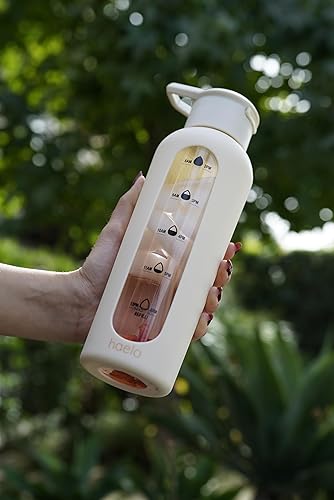 Miniatura 4 de haelo Botella de agua motivacional de vidrio de 24 onzas con tapa abatible, pajilla, funda protectora de silicona, asa, reutilizable, sin BPA (duna)