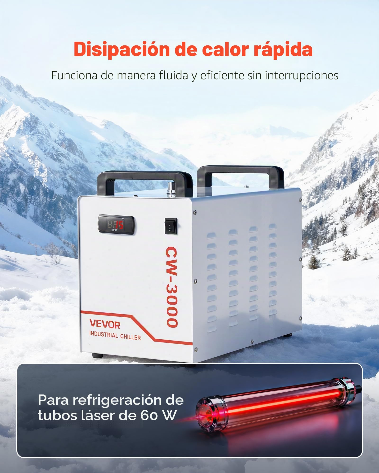 VEVOR Enfriador de Agua Industrial Caudal Máximo de 2,64 GPM Sistema de Enfriamiento de Enfriador de Agua con Tanque de 7 L con Ventilador de Alta Velocidad para Máquina de Grabado y Corte Láser 65 W