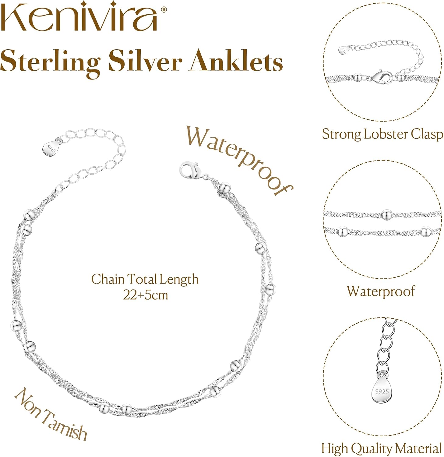 Kenivira 925 Sterling Silver Ankle Bracelets For Women Dainty Layered Waterproof 18K Gold Plated Anklets For Women Beach Adjustable Anklet Foot Jewellery