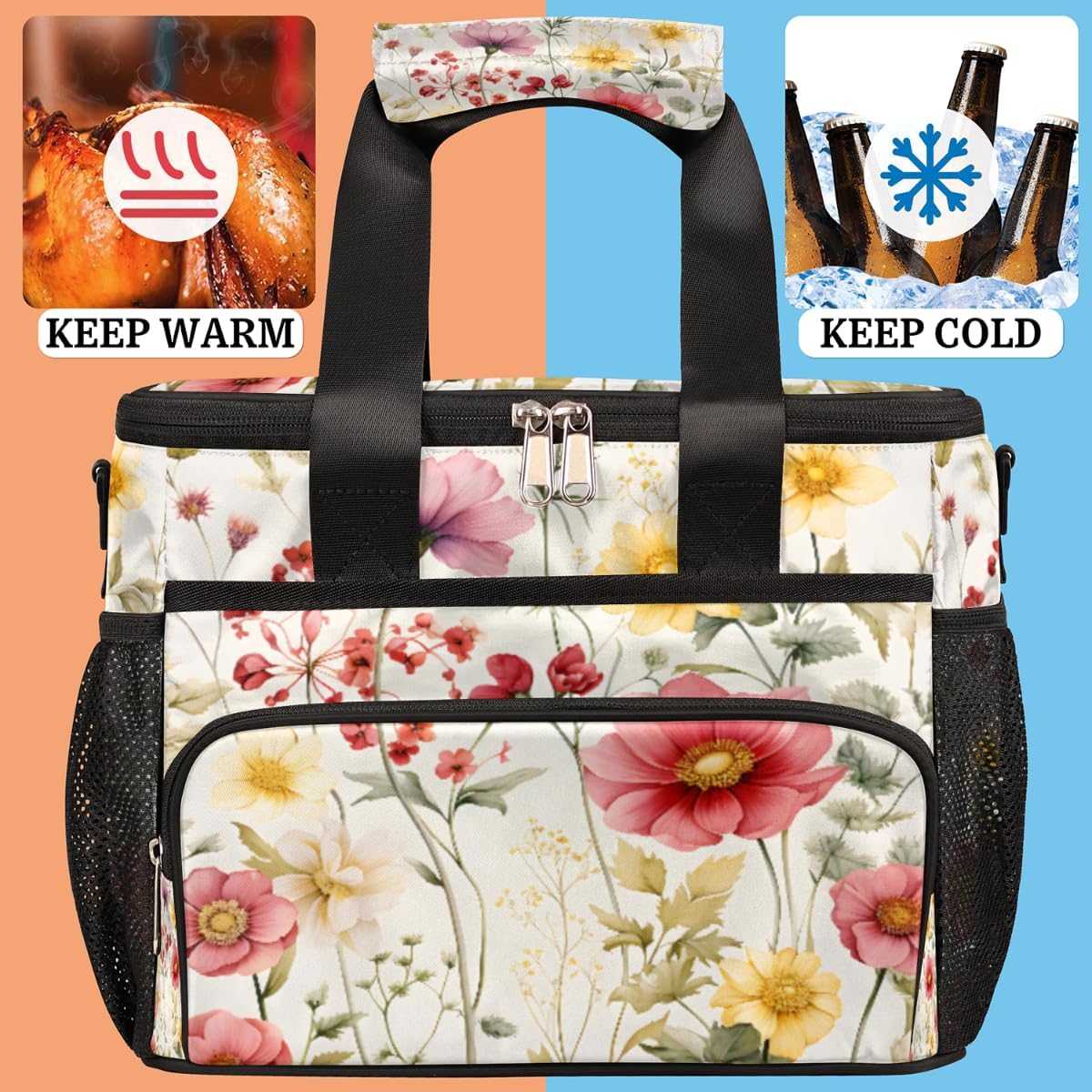 Floral Insulated Picnic Backpack Lunch Box for Women Men Picnic Basket Tote Lunch Bag Picnic Bag Portable Lunch Bags for Picnic, Beach, Work, Trip,Office, Camp Colorful Flowers