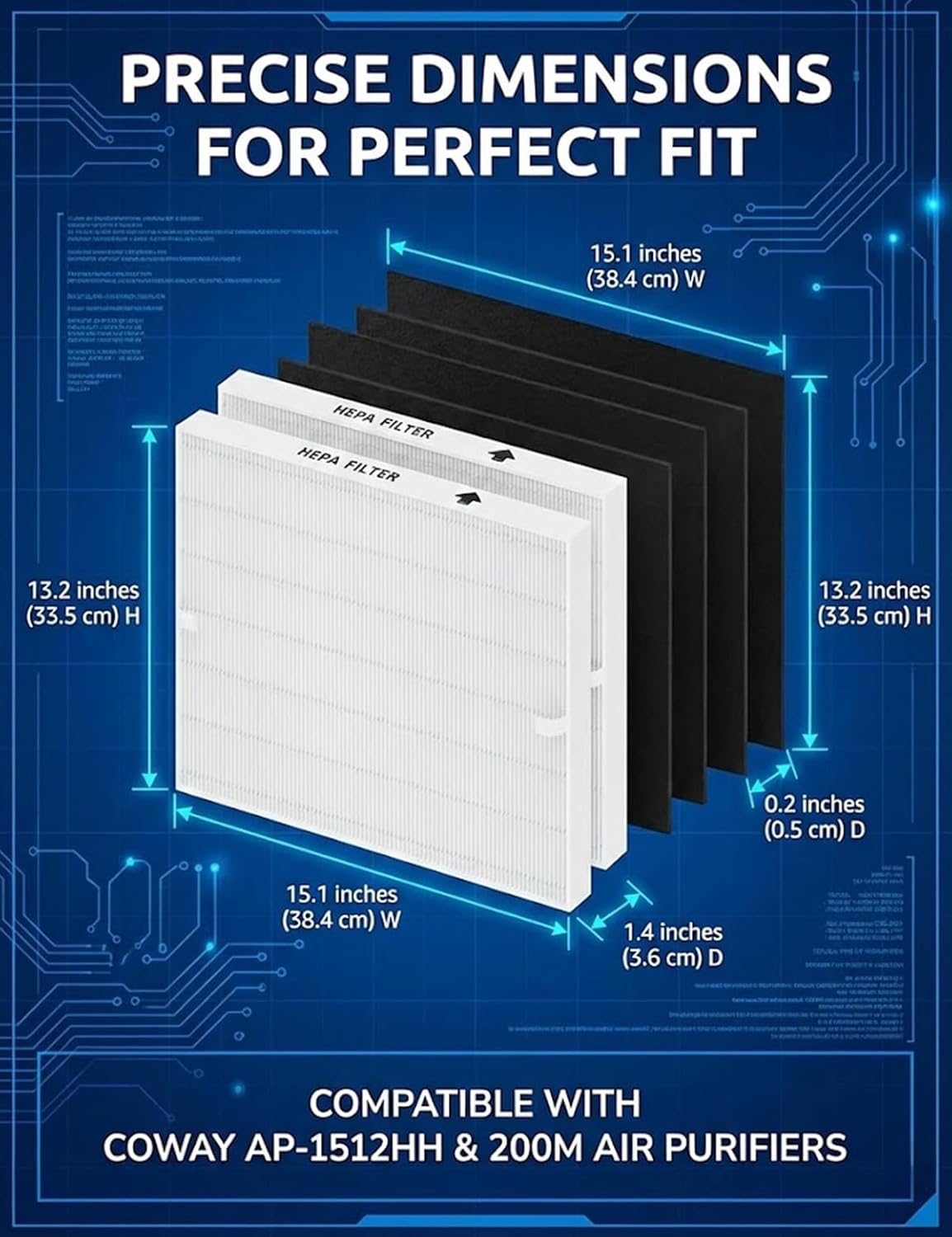 AP-1512HH Replacement Filter Set Compatible with Coway Airmega AP-1512HH / AP-1512HHS / 200M Air Purifiers, 2 HEPA Filters and 4 Carbon Pre-Filters